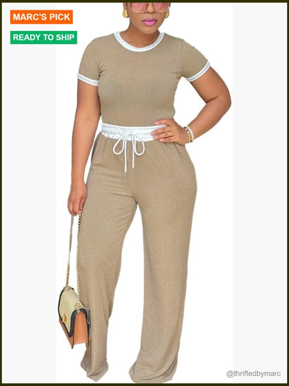 Cropped Short Sleeve Top & Wide Leg Pants Tracksuit Set Polyester Blend